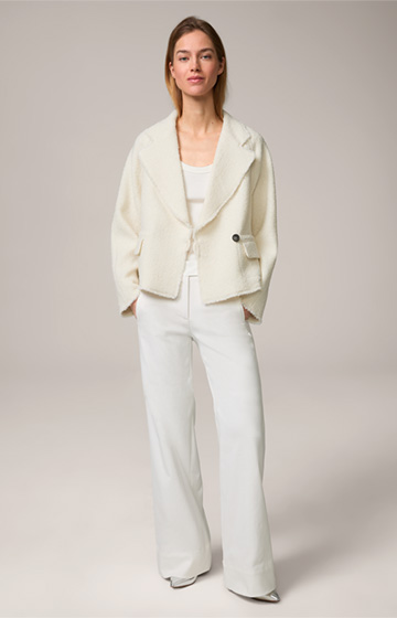 Tweed-Kurzblazer-Jacke mit breitem Revers in Creme