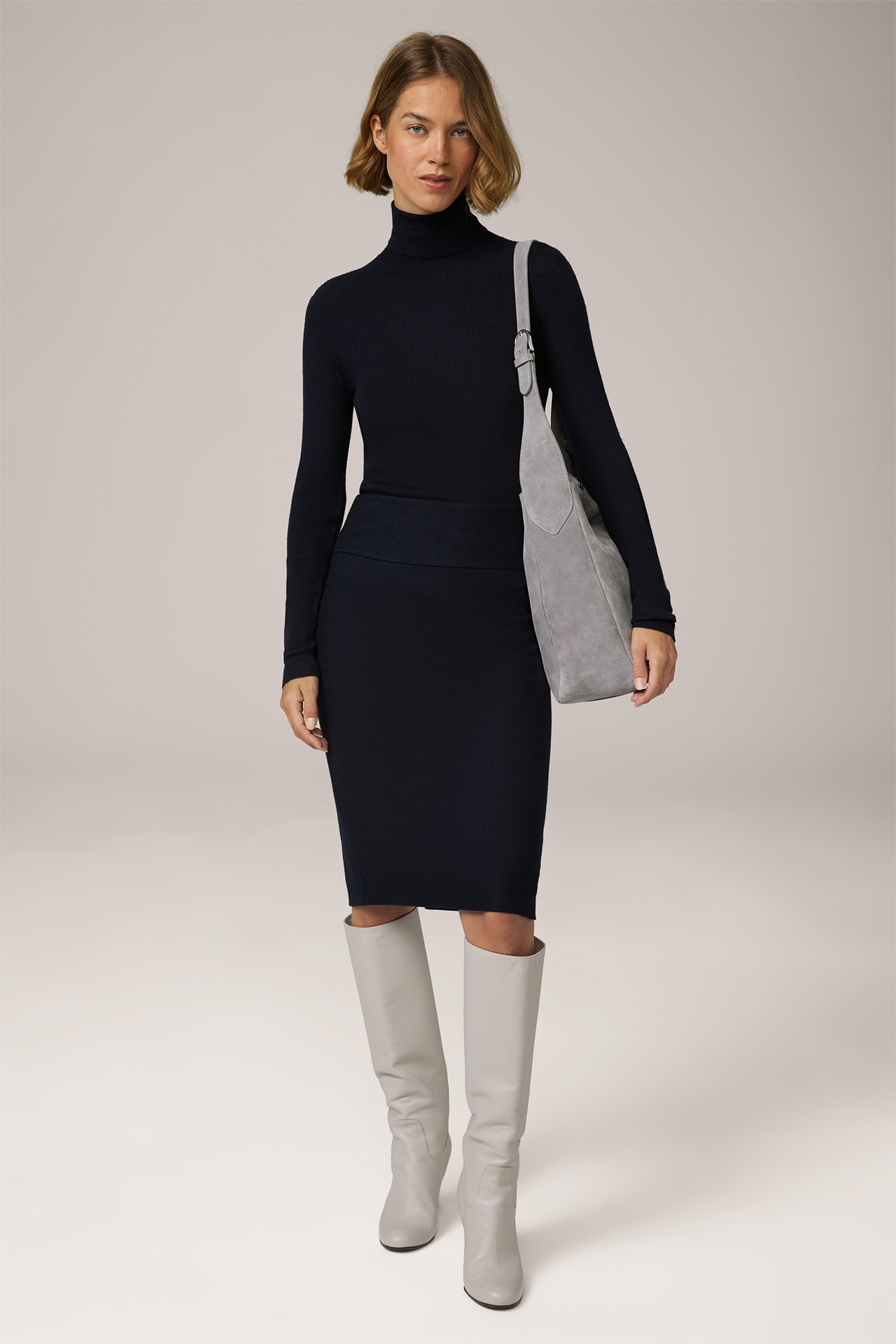 Wool Jersey Pencil Skirt in Navy