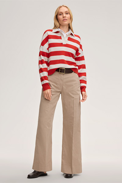 Merino-Strick-Polo-Shirt in Rot-Ecru gestreift