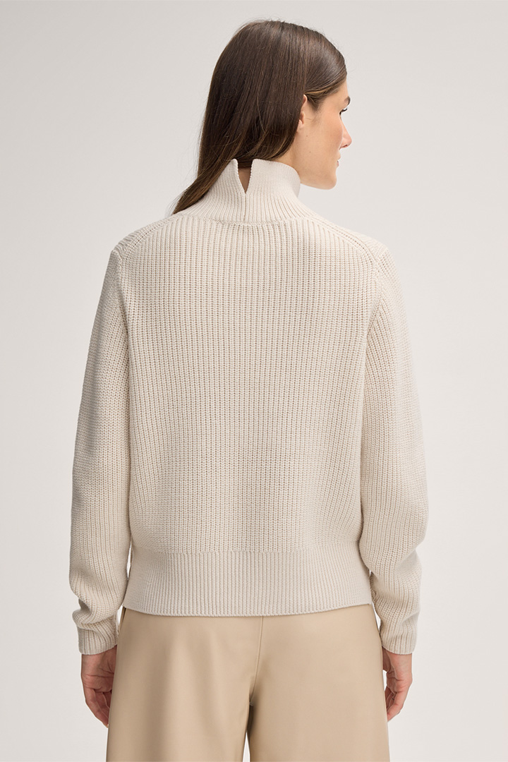 Merino Knitted Pullover with Stand-up Collar in Cream