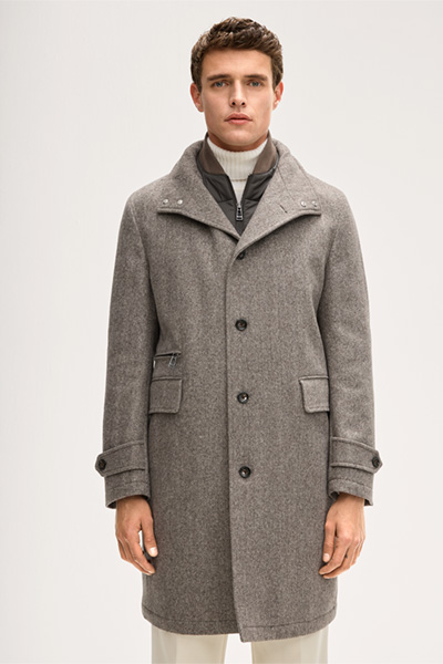 Wollmix-Mantel Danilo mit Stehkragen in Hellbraun Fischgrat