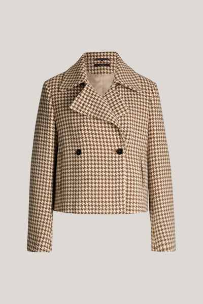 Virgin Wool Double-breasted Cropped Jacket with Trench Collar in Brown and Ecru