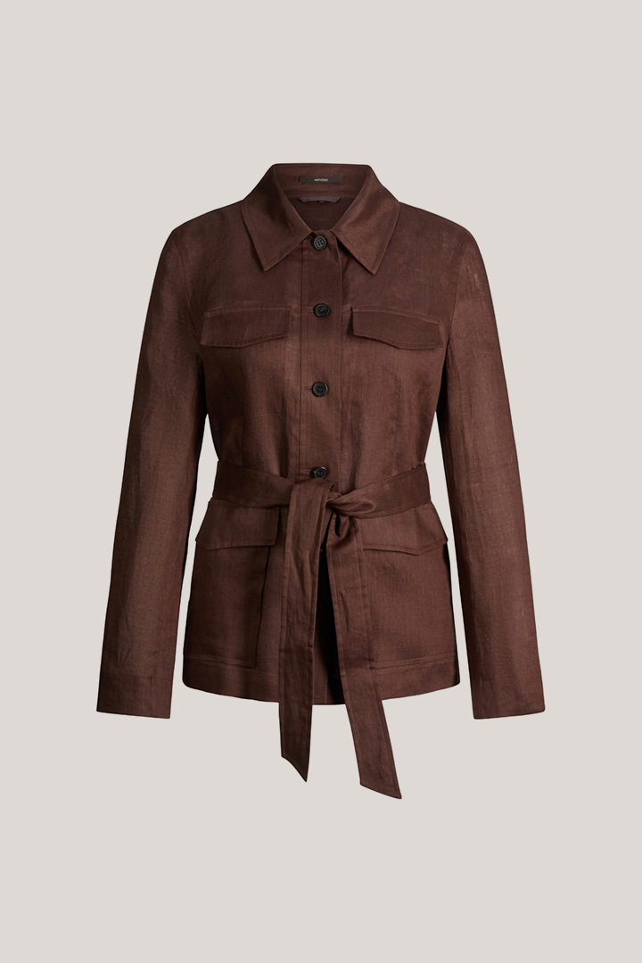 Leinen-Fieldjacket mit Gürtel in Dunkelbraun