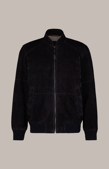 Leads to product detail page "Borello Goatskin Suede Leather Bomber Jacket in Dark Blue"