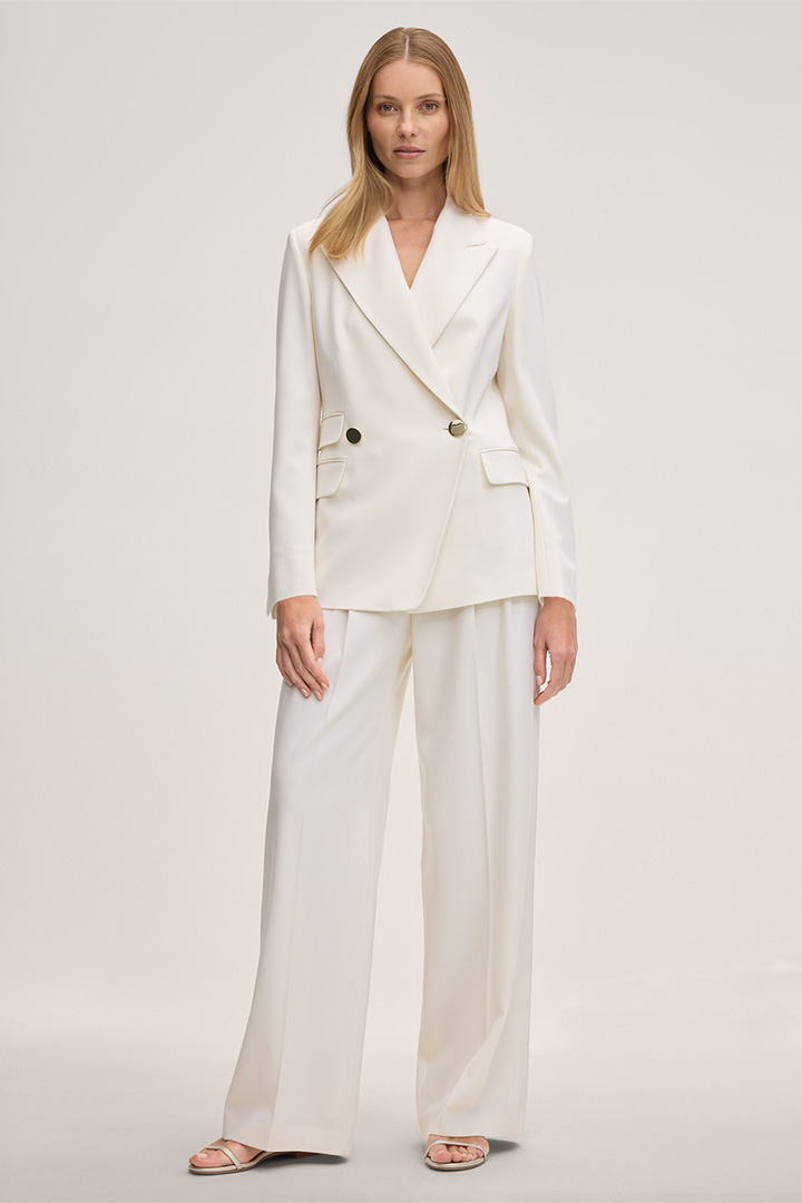 Schurwollstretch-Bundfalten-Palazzo-Hose in Ecru