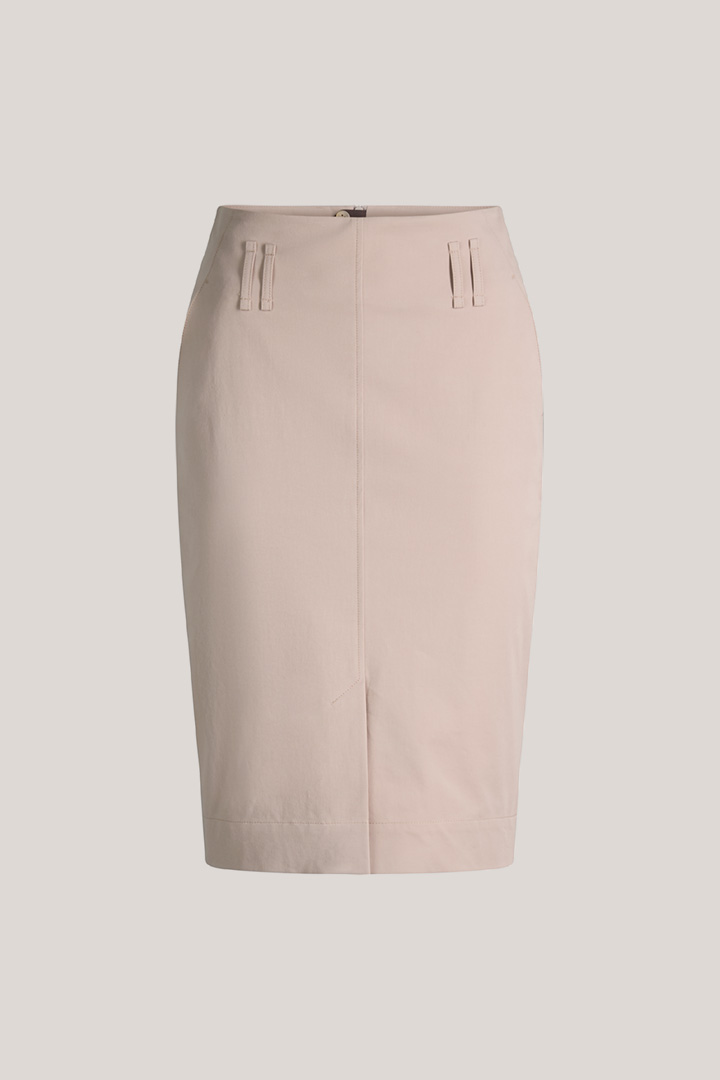 Führt zu Produktdetailseite „Baumwollstretch-Gabardine-Bleistift-Rock in Taupe"