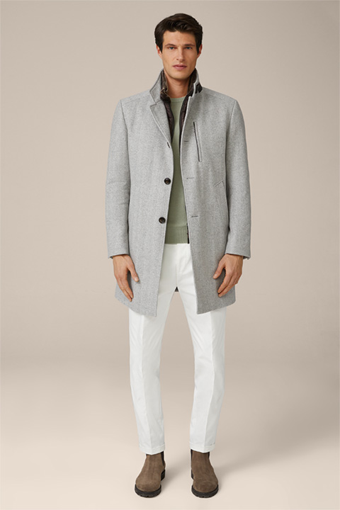 Rivano Wool Mix Stand-up Collar Coat with Sheepskin Collar and Herringbone in Light Grey