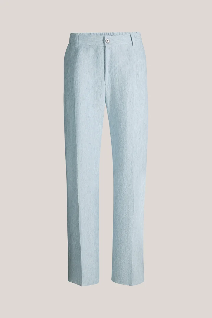 Leads to product detail page "Franco linen modular trousers with pleat on the waistband in washed blue"