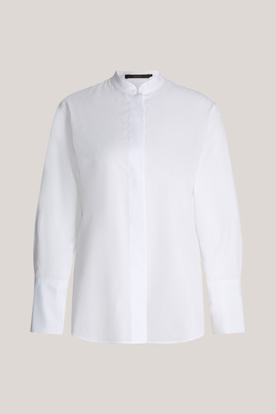 Shirt-style Cotton Poplin Blouse with Stand-up Collar in White
