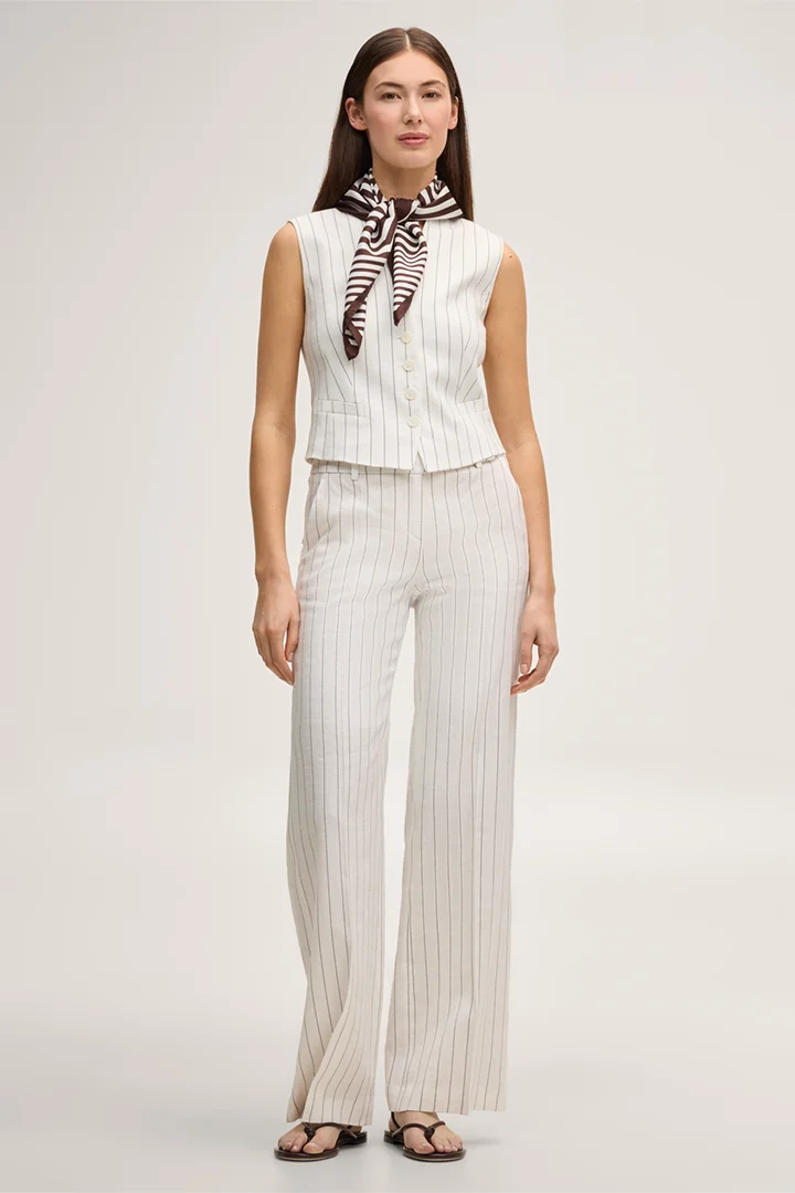 Leads to product detail page "Pinstriped linen-blend Marlene suit trousers in ecru"
