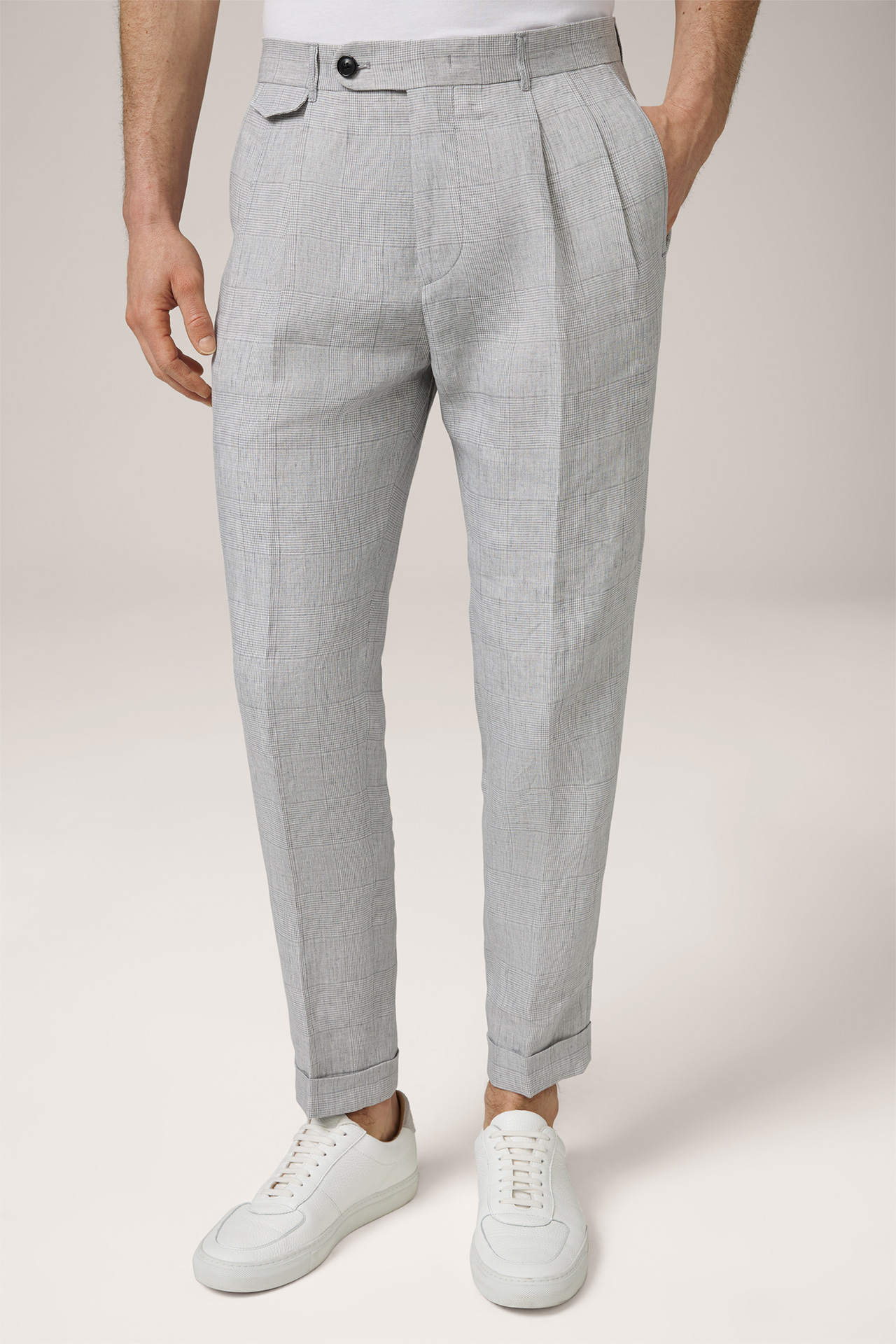 Sapo Linen Modular Pleated Trousers in Grey Patterned