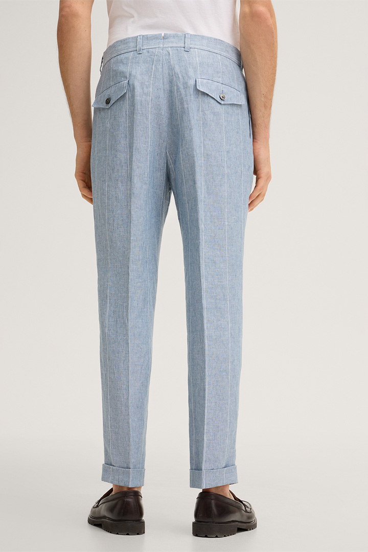 Sapo linen modular trousers with pleat on the waistband in blue with pinstripes