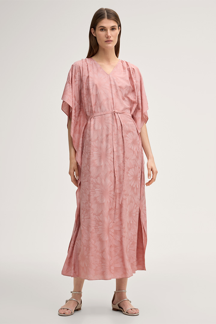 Leads to product detail page "Viscose silk blend print kaftan dress with belt in pink"