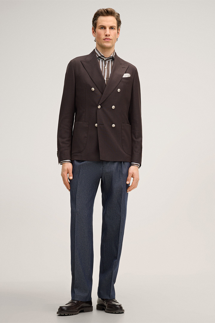 Leads to product detail page "Salernos double-breasted modular suit in brown virgin wool"