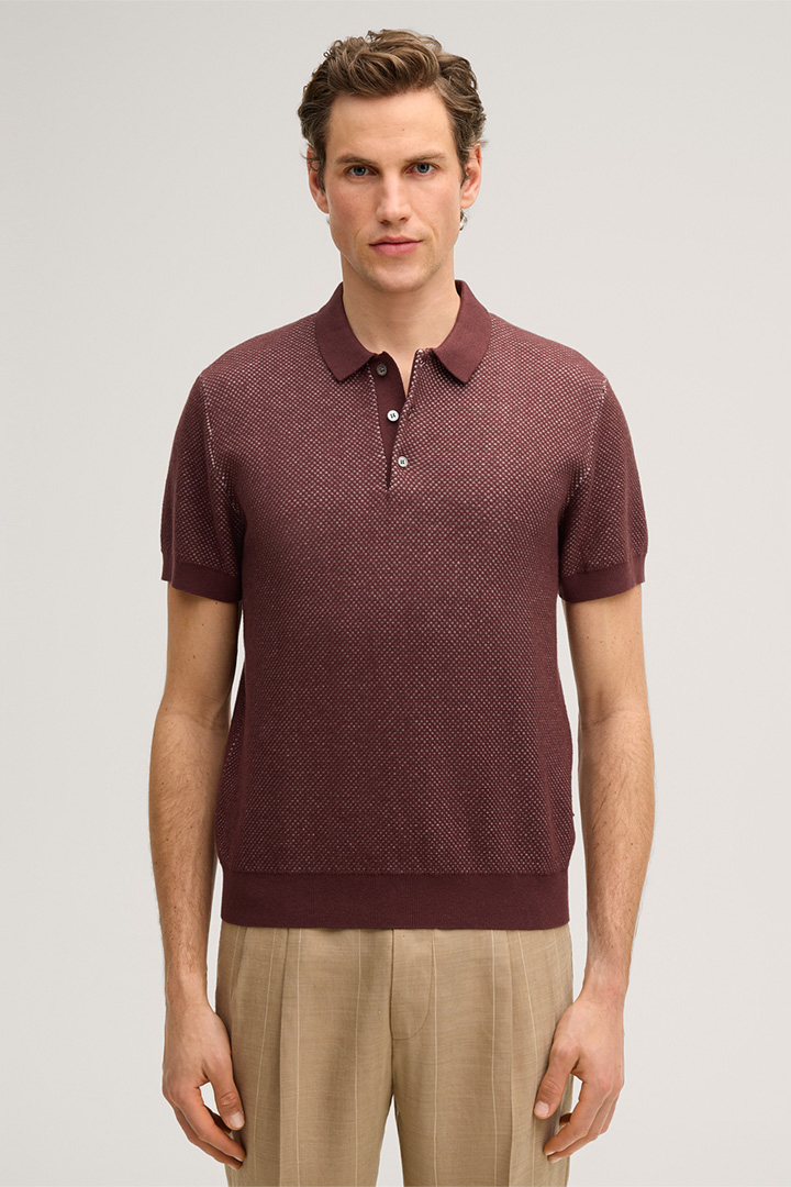 Leads to product detail page "Cashmilo Cotton Polo Shirt with Cashmere and Silk in Textured Bordeaux Red"