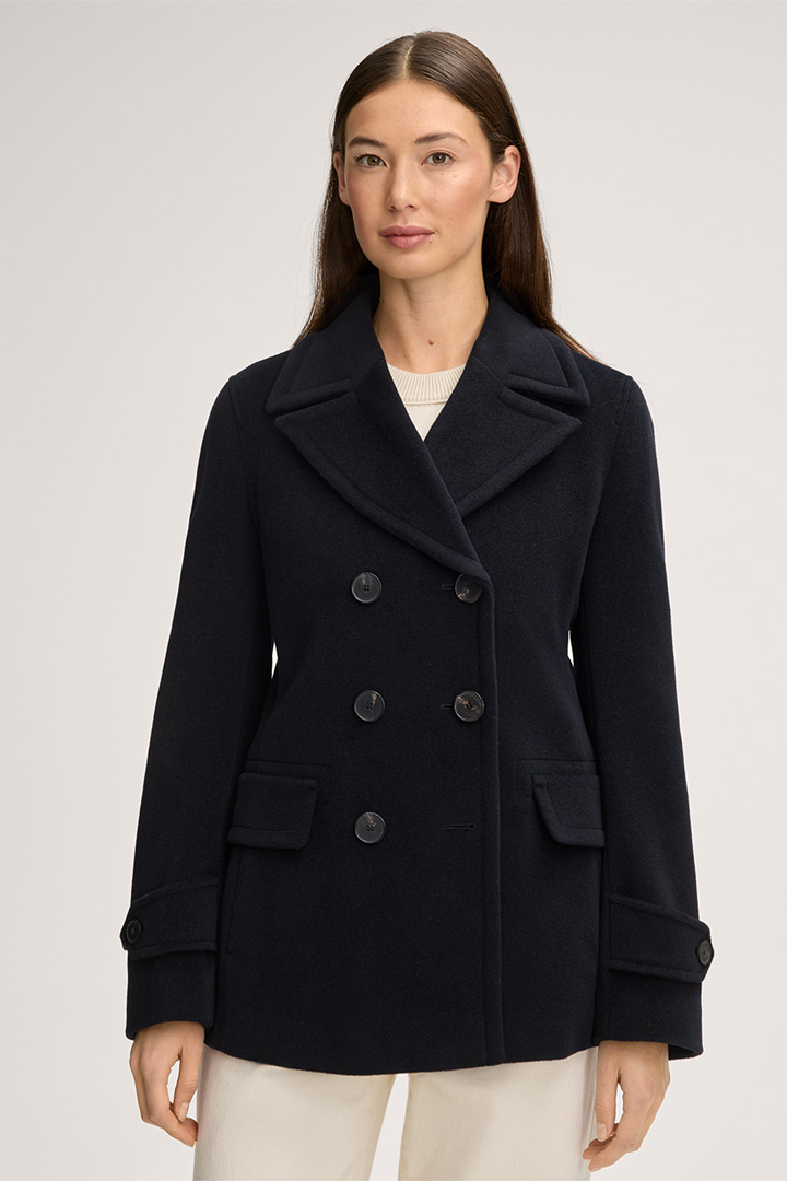 Leads to product detail page "Wool Blend Caban Jacket in Navy"