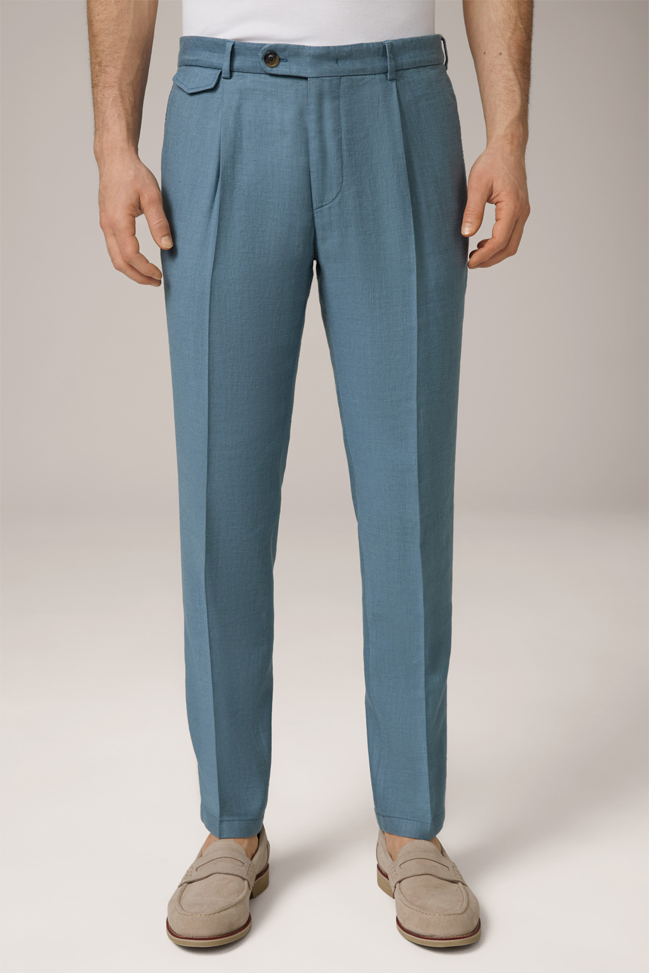 Silvi Linen Mix Modular Trousers with Pleated Waist in Denim Blue