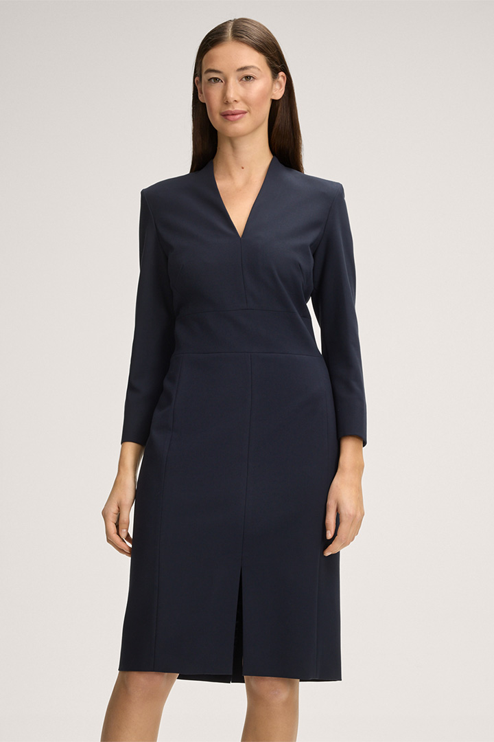 Leads to product detail page "Crêpe Sheath Dress in Navy"