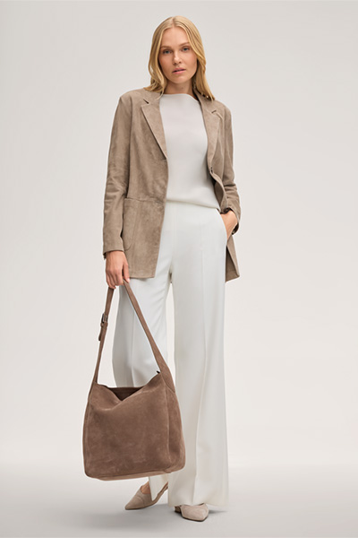 Lammvelours-Leder-Blazer in Taupe