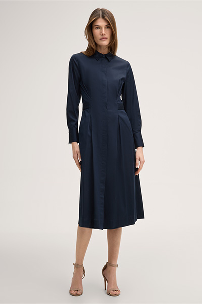 Midi-length stretch cotton shirt dress with shirt collar in navy
