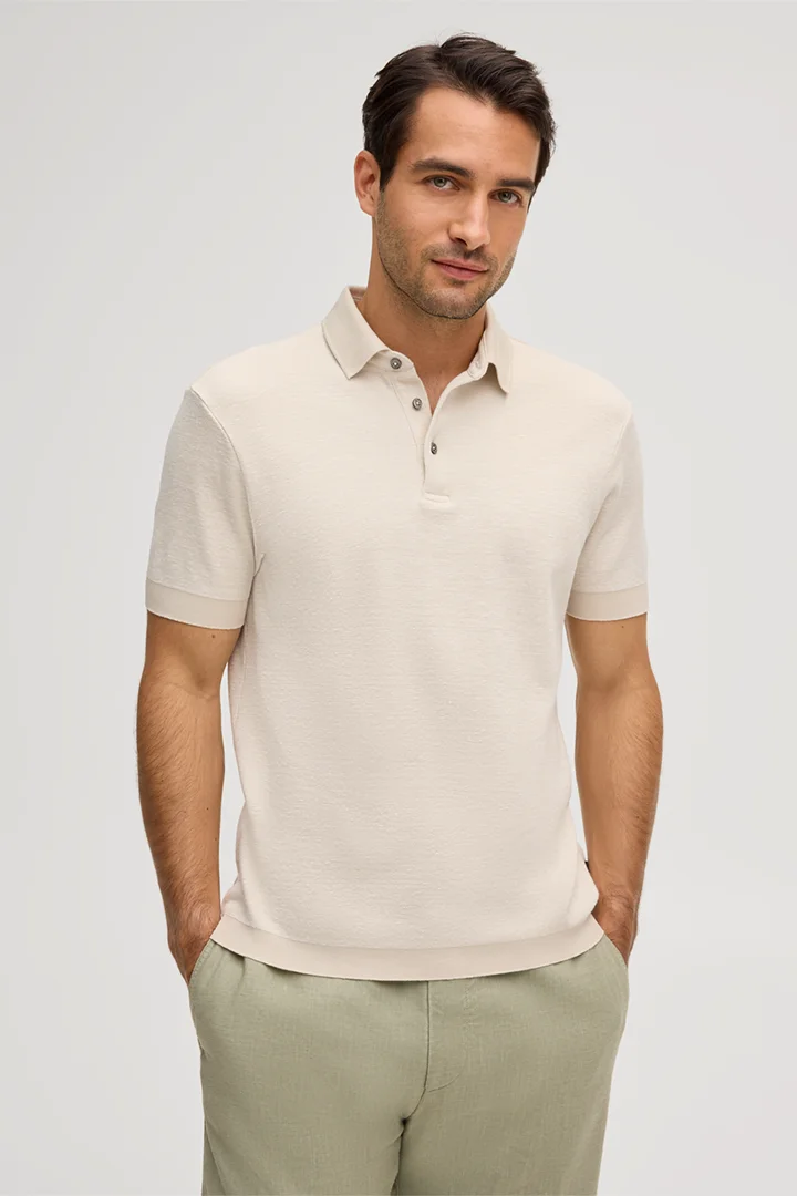 Führt zu Produktdetailseite „Baumwollmix-Polo Tulio mit Leinen in Beige meliert"