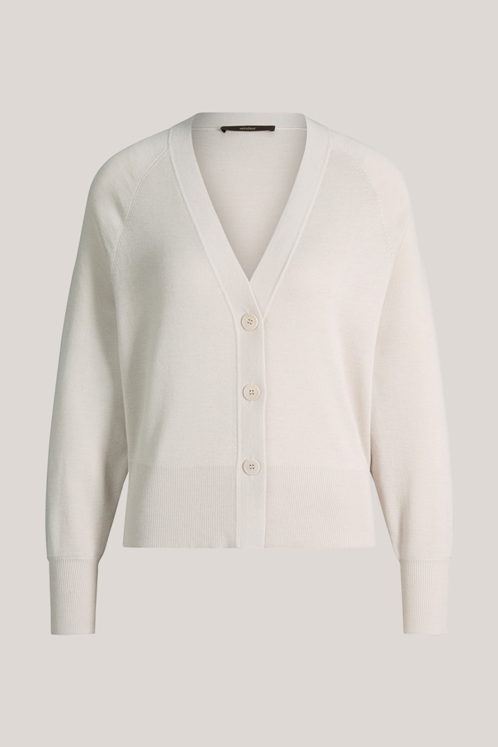 Führt zu Produktdetailseite „Schurwoll-Seidenmix-Cardigan in Ivory"