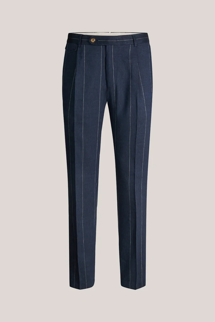 Leads to product detail page "Silvi linen blend modular trousers with virgin wool in navy with pinstripes"