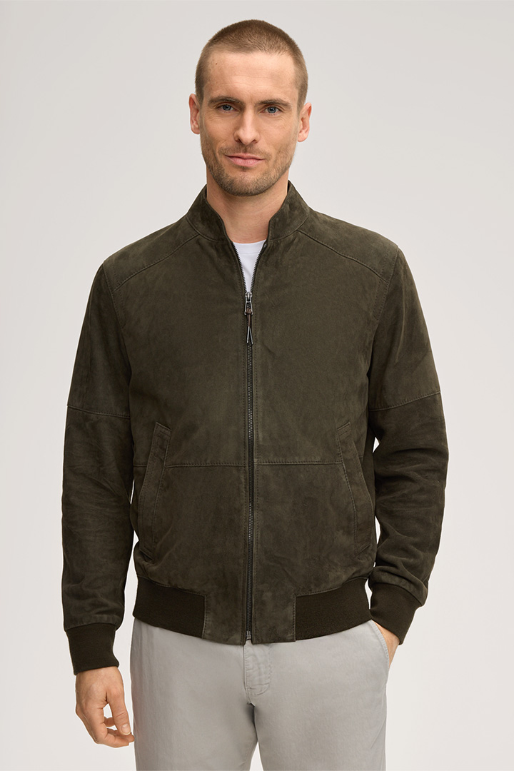 Leads to product detail page "Borello Goatskin Suede Leather Blouson in Olive"