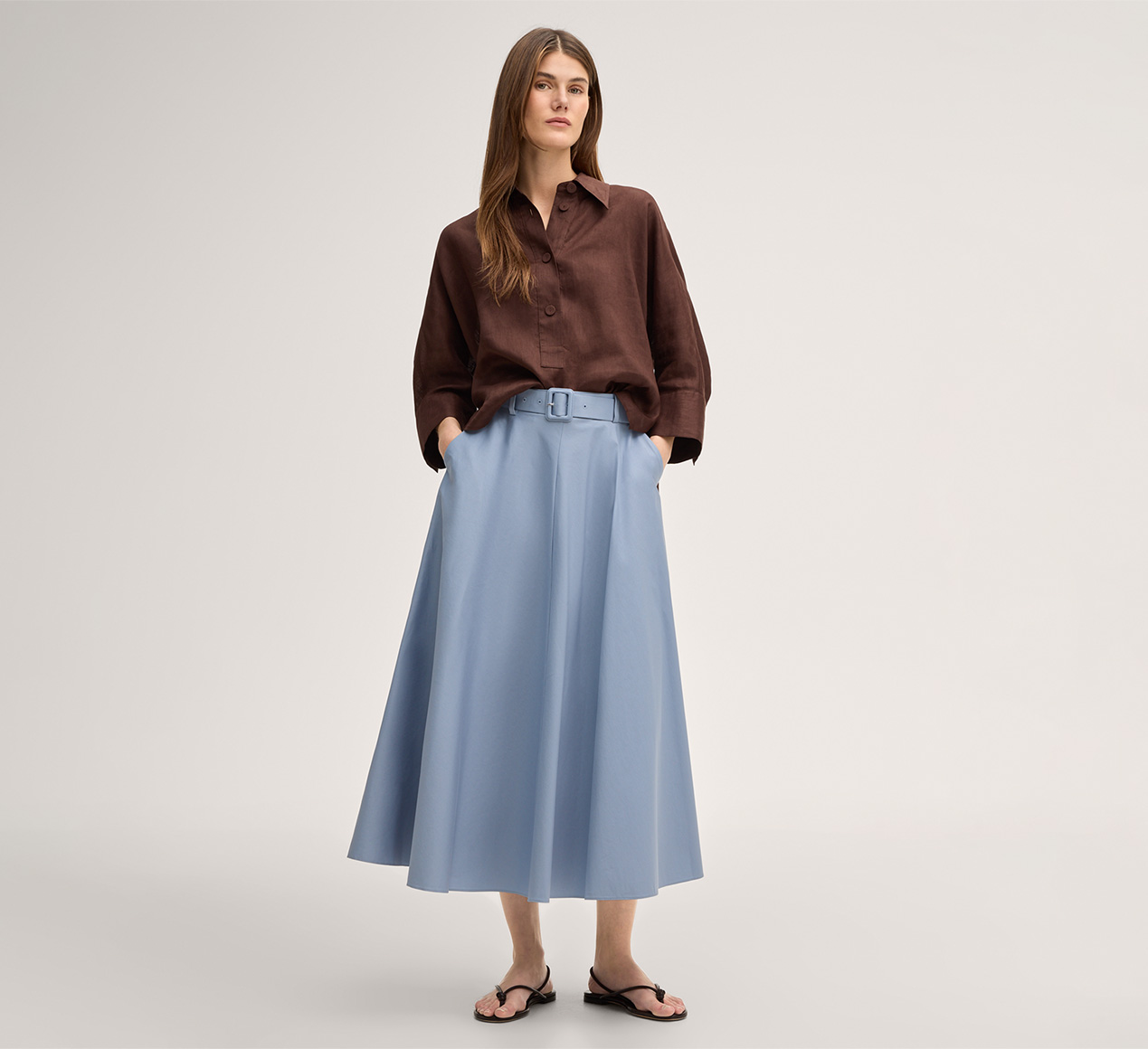 windsor. presents the product Cotton stretch midi skirt with belt in light blue from the category Skirts