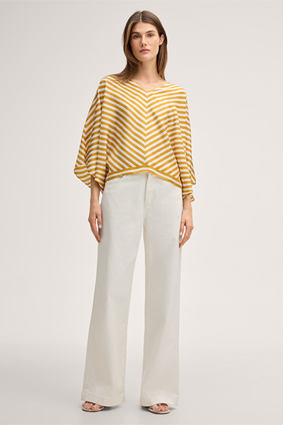 Silk poncho without sleeves in ecru yellow stripes