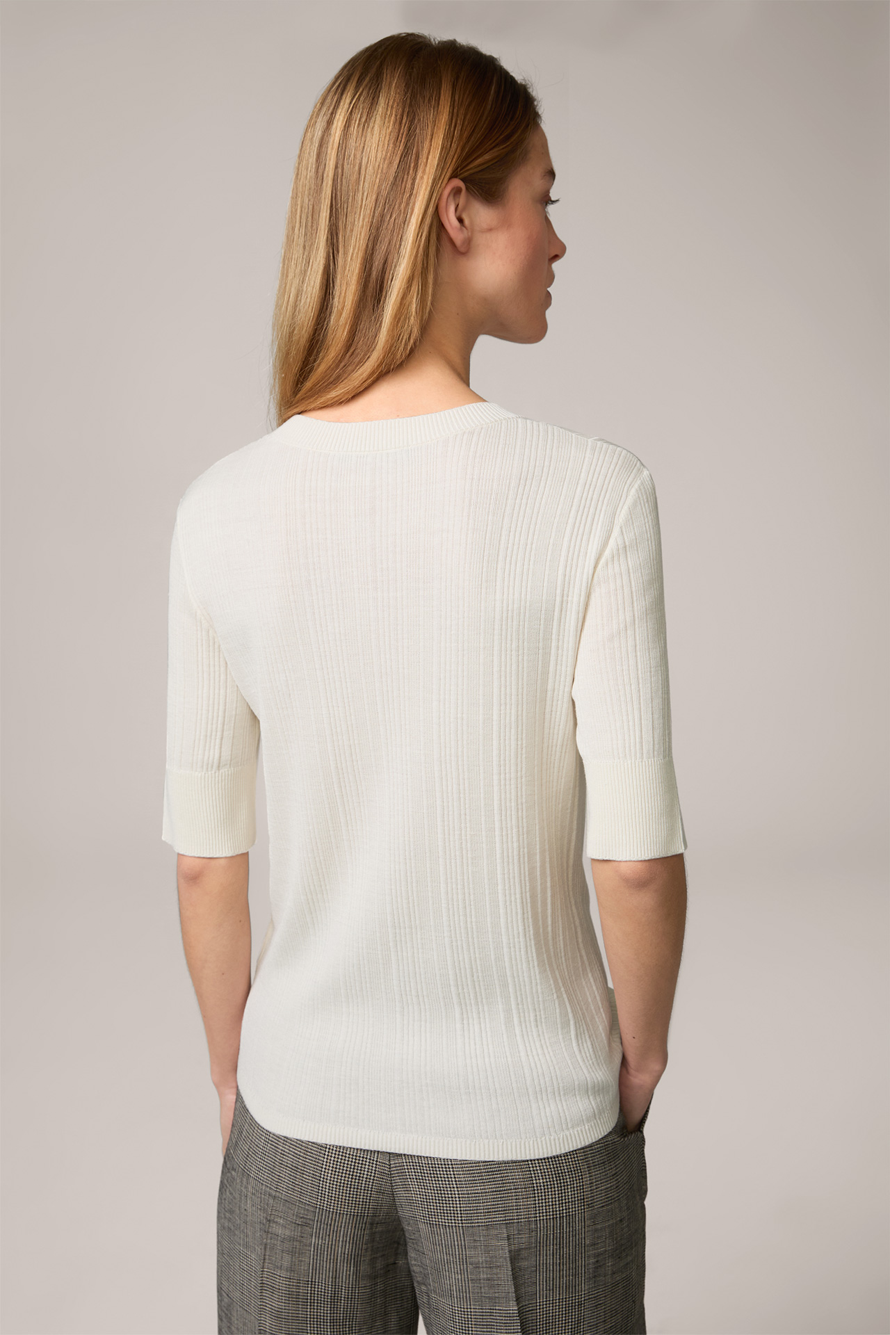 Silk/Cotton Blend Ribbed Knitted T-shirt in Cream