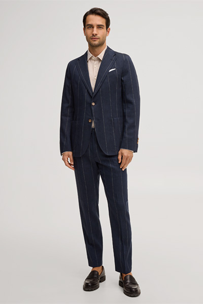 Giorno modular linen-blend jacket with wool in navy with pinstripes