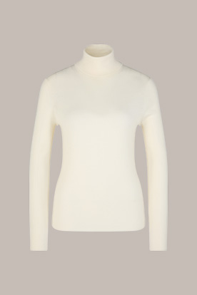 Virgin Wool Silk Mix Ribbed Knit Roll Neck Sweater in Ecru