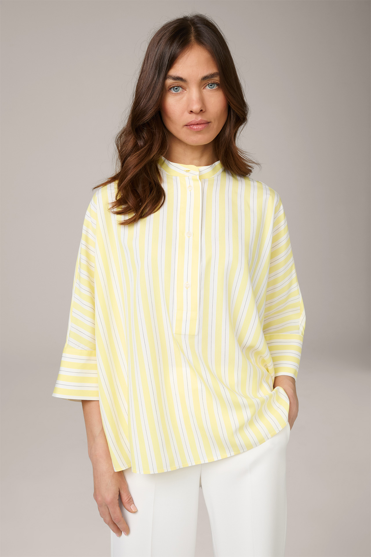 Viscose Silk Blend Cape Blouse in White and Yellow Striped