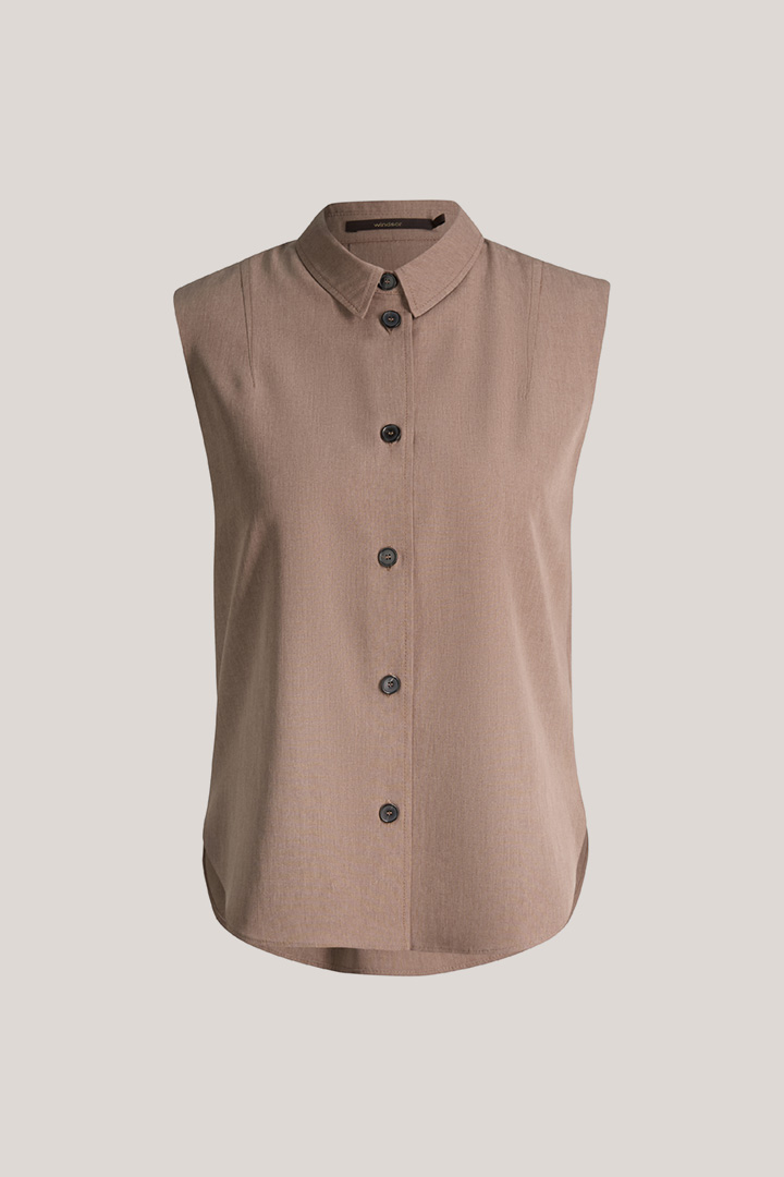 Leads to product detail page "Lyocell hem blouse top in brown"