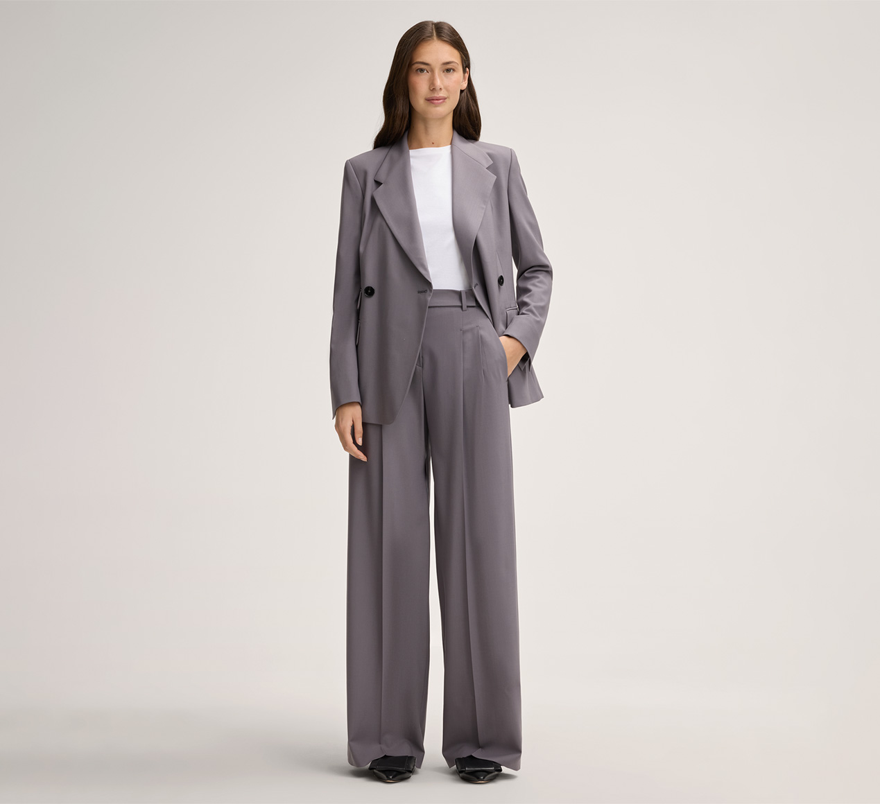 windsor. presents the product Virgin Wool Stretch Palazzo Trousers in Grey from the category Trousers & Jeans