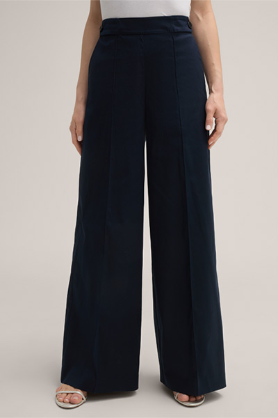 Stretch Cotton Palazzo Trousers with Pintucks in Navy