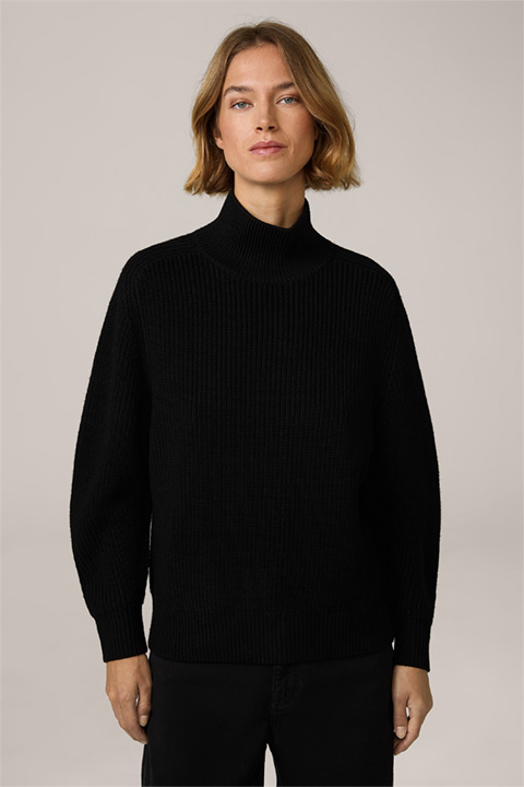 Merino Knitted Pullover with Stand-up Collar in Black