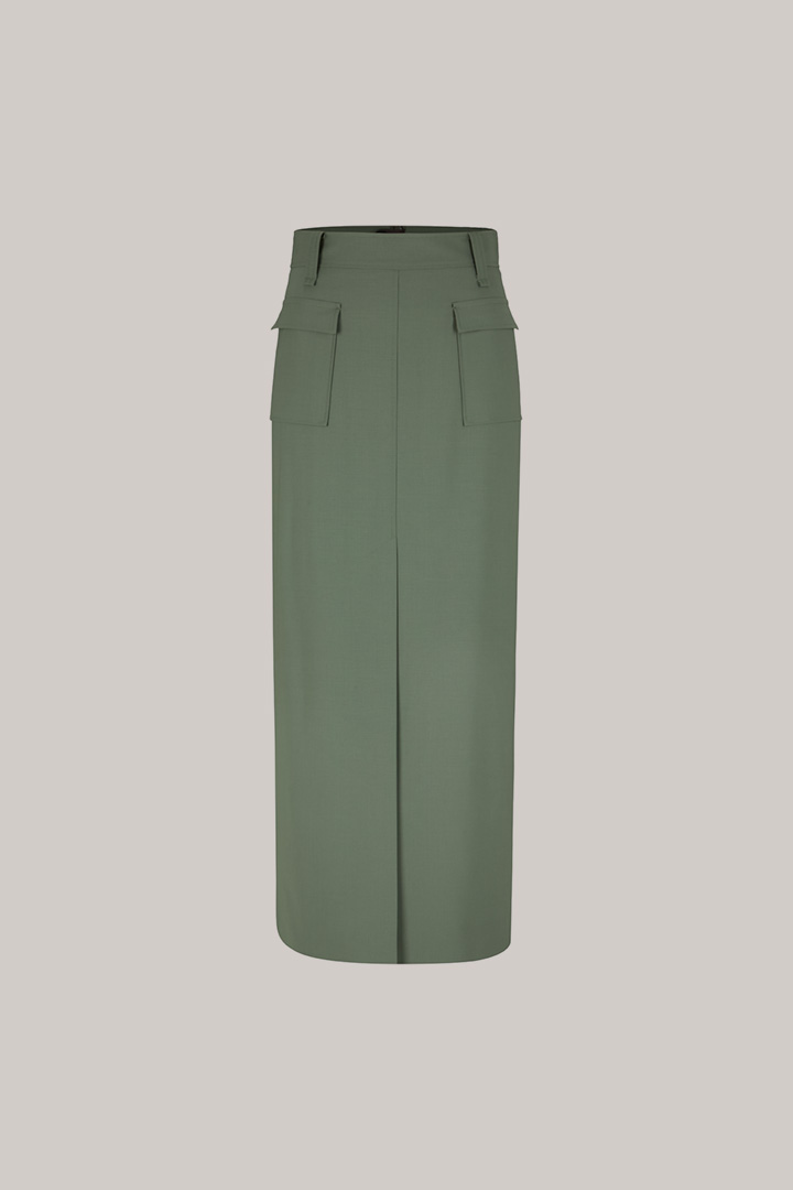 Stretch Virgin Wool Maxi Skirt with Slit in Olive