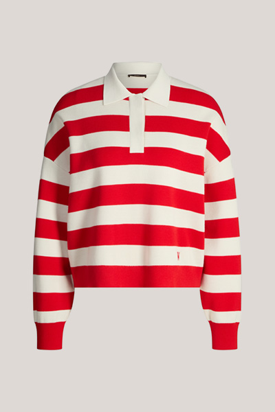 Merino-Strick-Polo-Shirt in Rot-Ecru gestreift