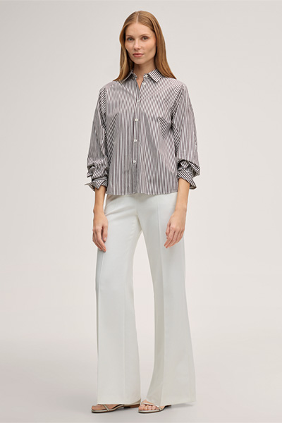 Baumwoll-Hemdbluse in Ecru-Dunkelbraun gestreift