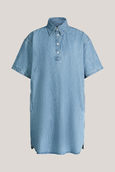 Short-sleeved denim dress in mid-blue washed