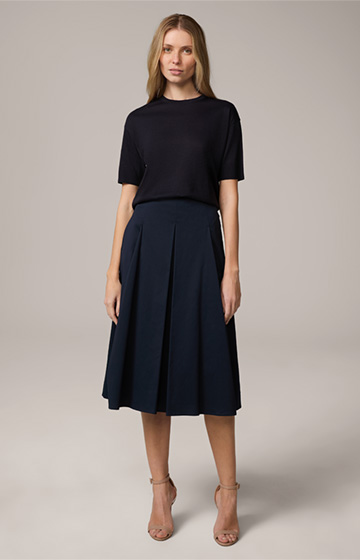Flared Stretch Cotton Skirt in Midi Length in Navy