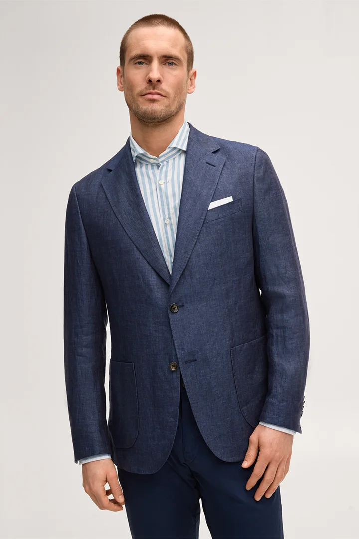 Leads to product detail page "Linen jacket in navy herringbone"