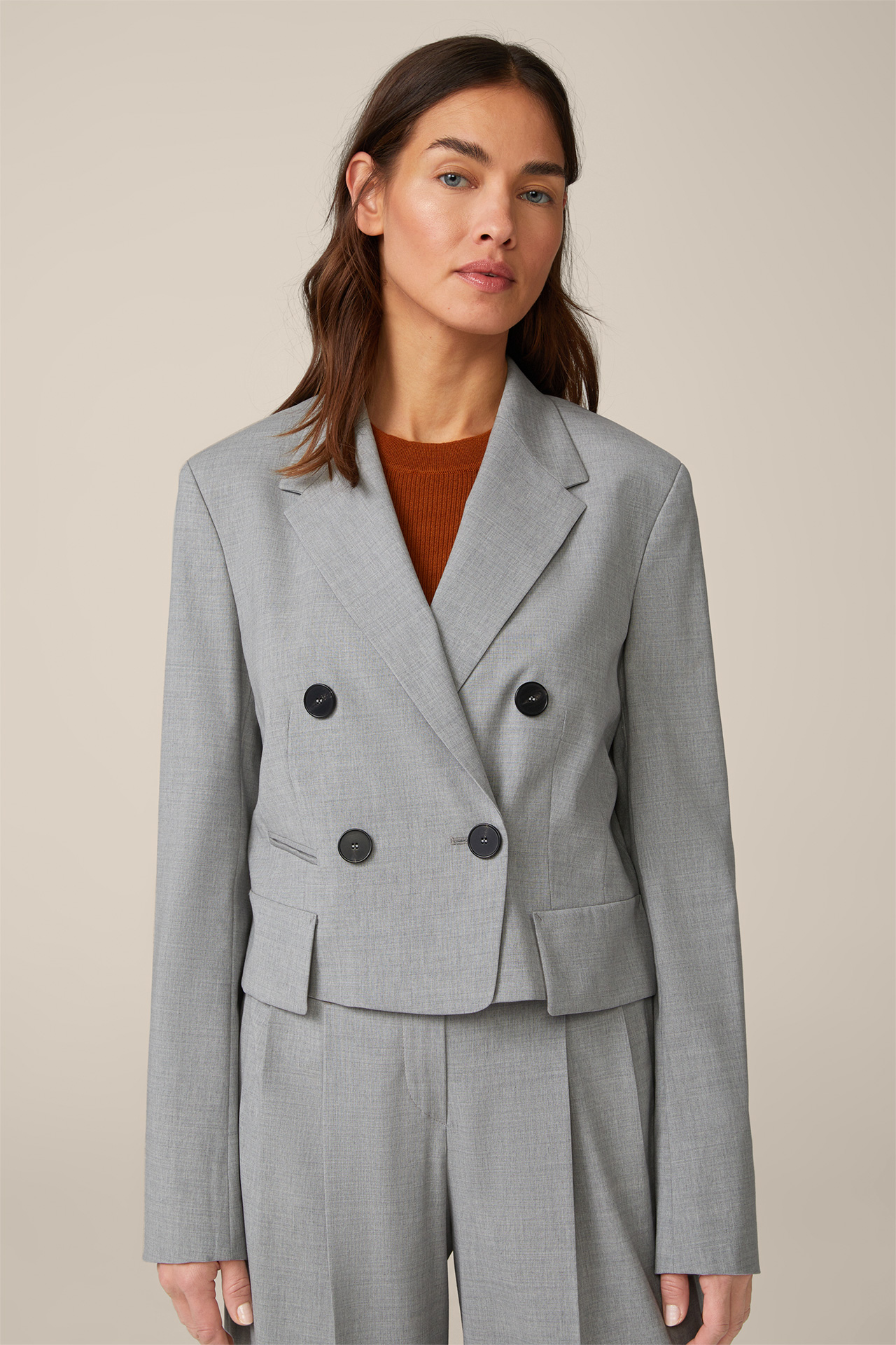 Wool Blend Double-Breasted Short Blazer in Light Grey Melange