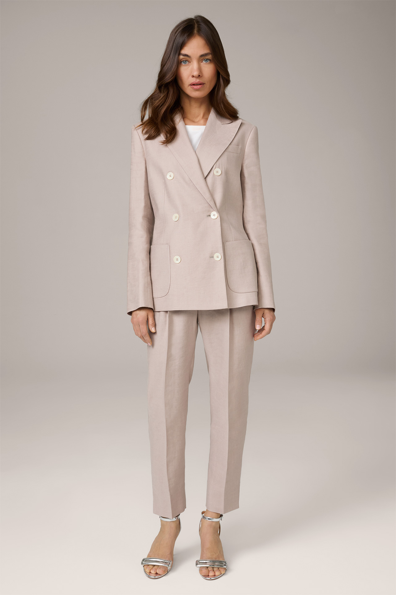 Stretch Linen Double-breasted Blazer with Ruched Back in Taupe