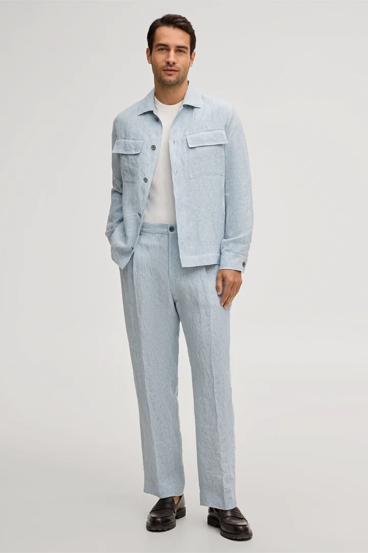 Leads to product detail page "Linen modular overshirt Lavoro in washed blue"