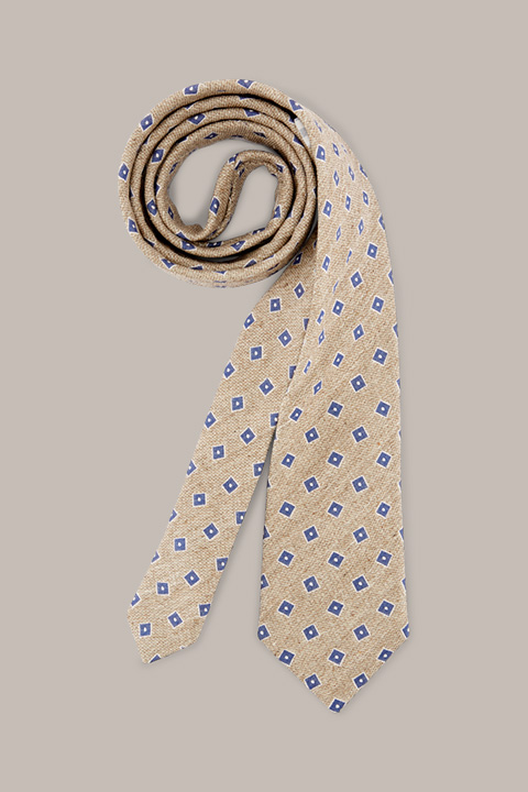 Silk Tie with Linen in a Beige and Blue Pattern