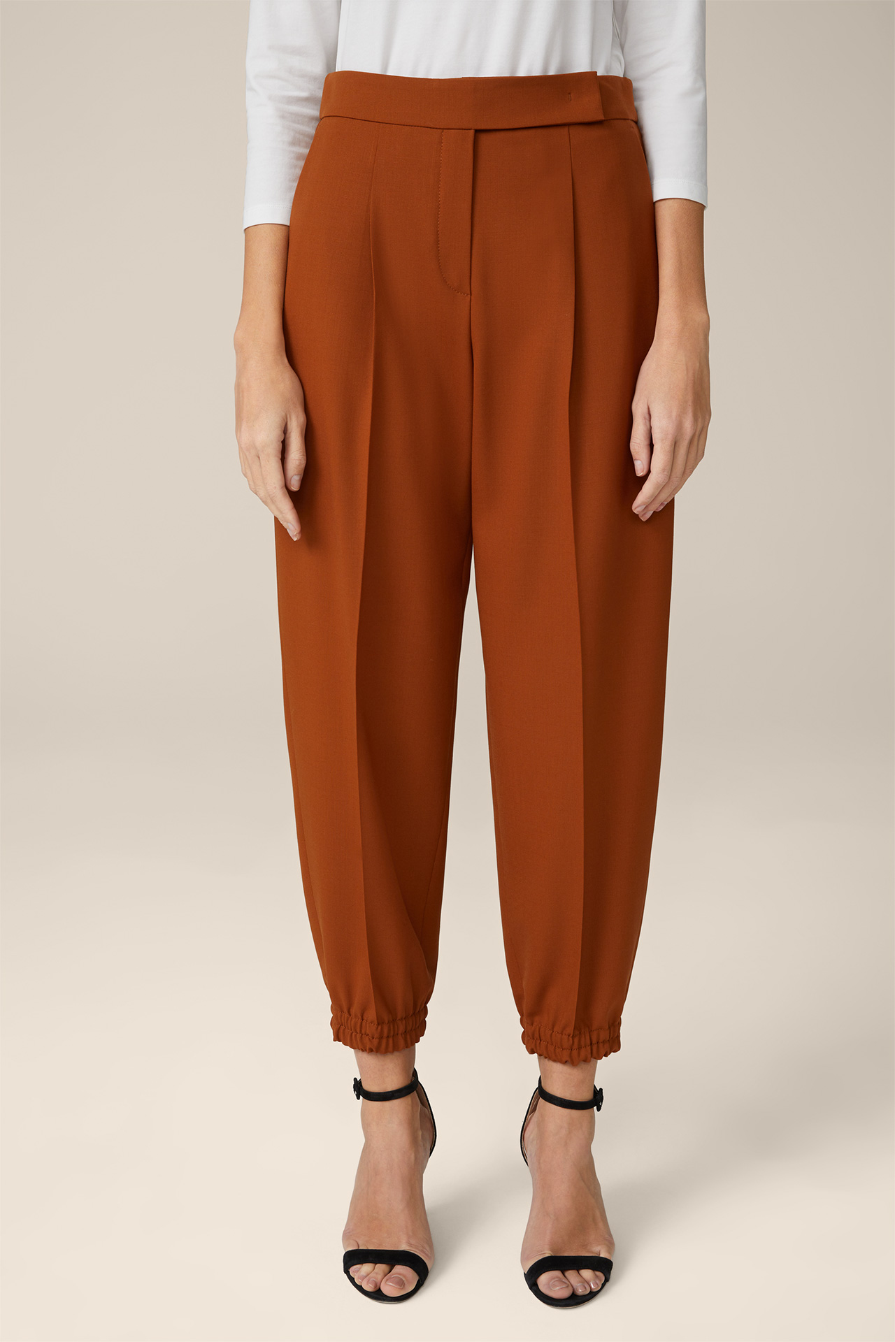 Wool Stretch Copper Jogger-Style Trousers in Copper