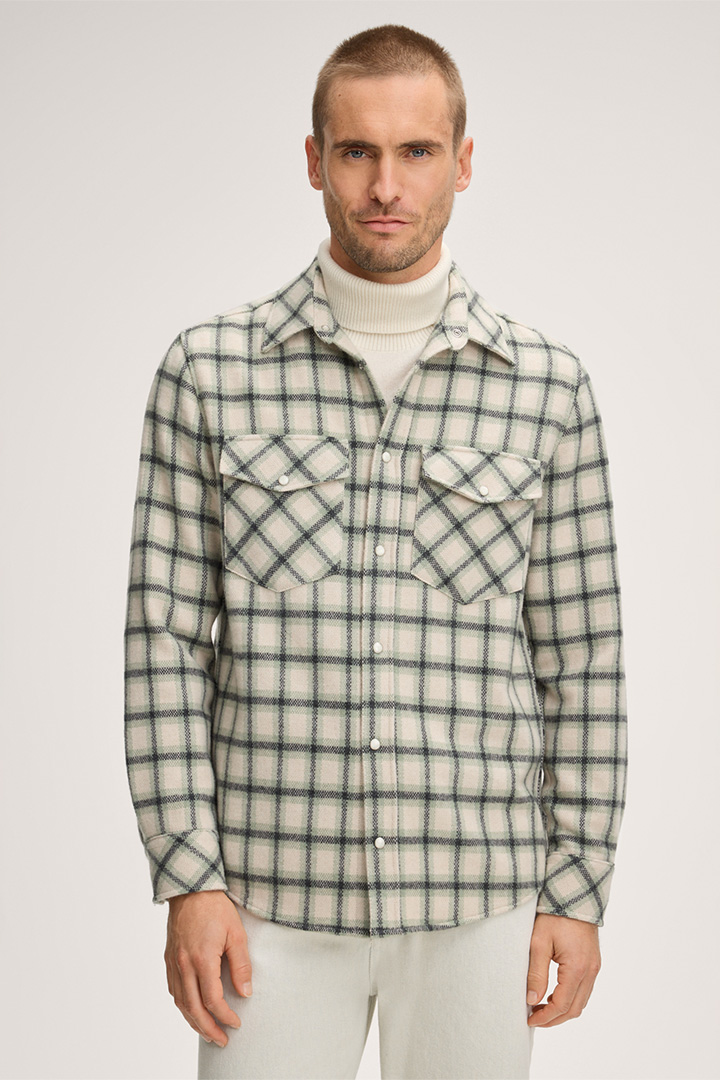 Leads to product detail page "Ozzano Checked Cashmere Overshirt in Green/Beige"